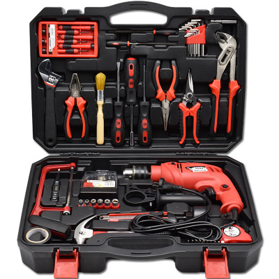 卡夫威尔400W冲击电钻孔锯组钻头五金工具组套手动家用组合工具箱