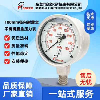 100mm径向耐震全不锈钢膜盒压力表 清洗机用不锈钢耐震膜盒压力表