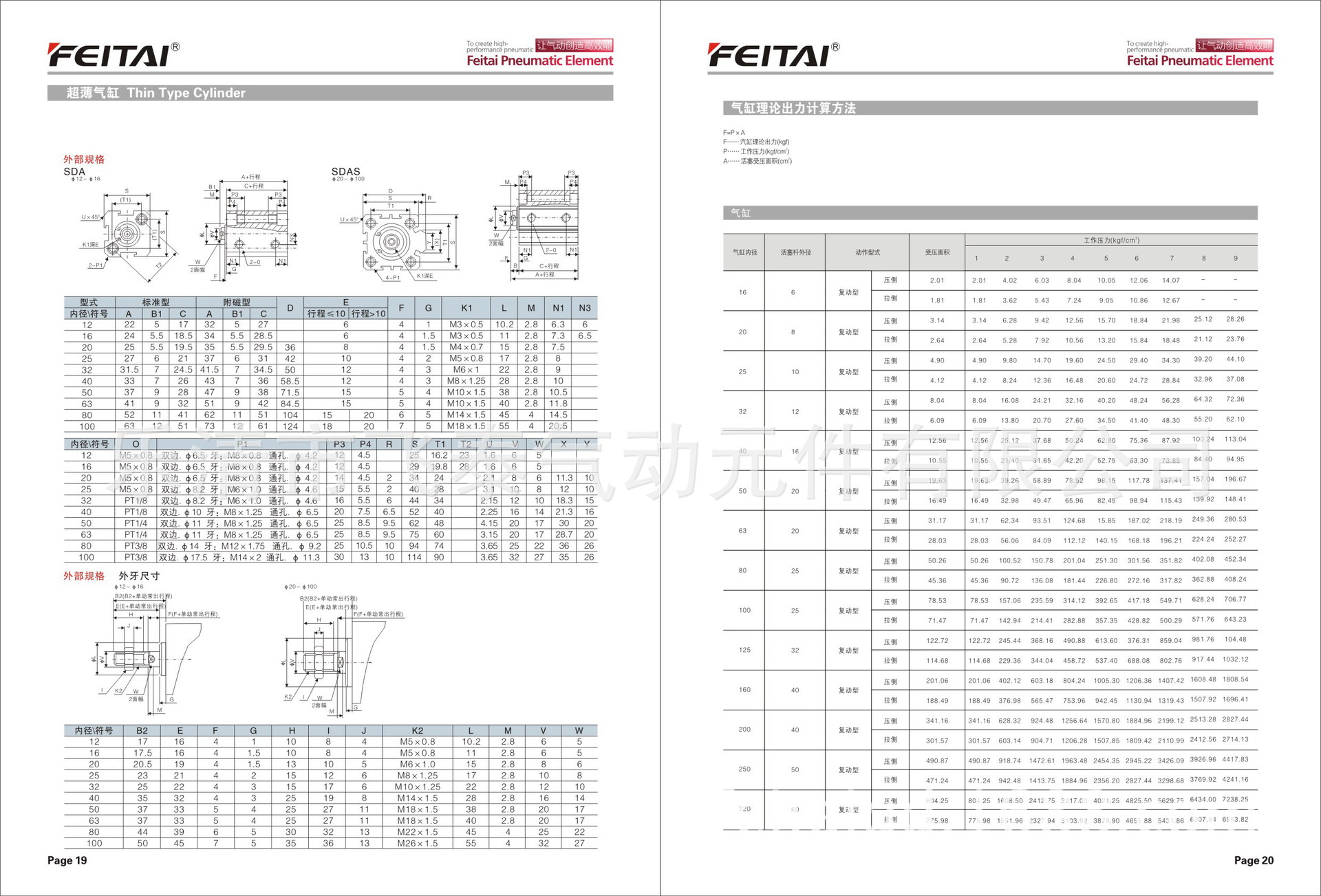 飞泰气动-SDA安装尺寸，气缸理论出力计算方法。