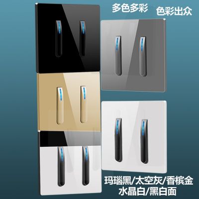 黑色钢化玻璃面板套装琴键开关带LED灯86型暗装五孔插座一件代发